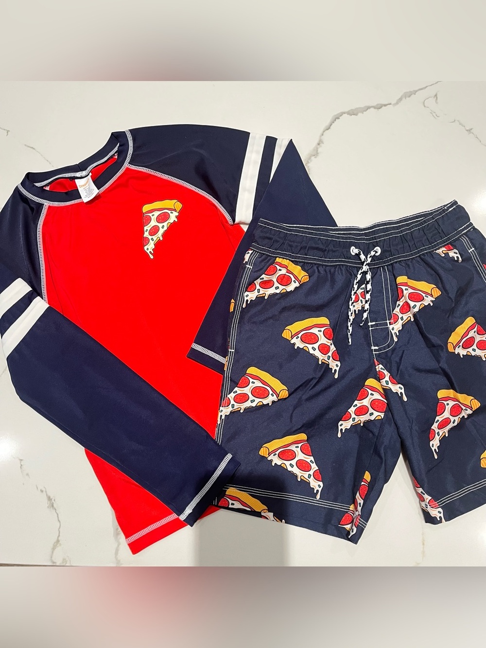 Gymboree Boys Set of Pizza Swim Trunks & Rash Guard Long Sleeve Shirt Medium 7/8
